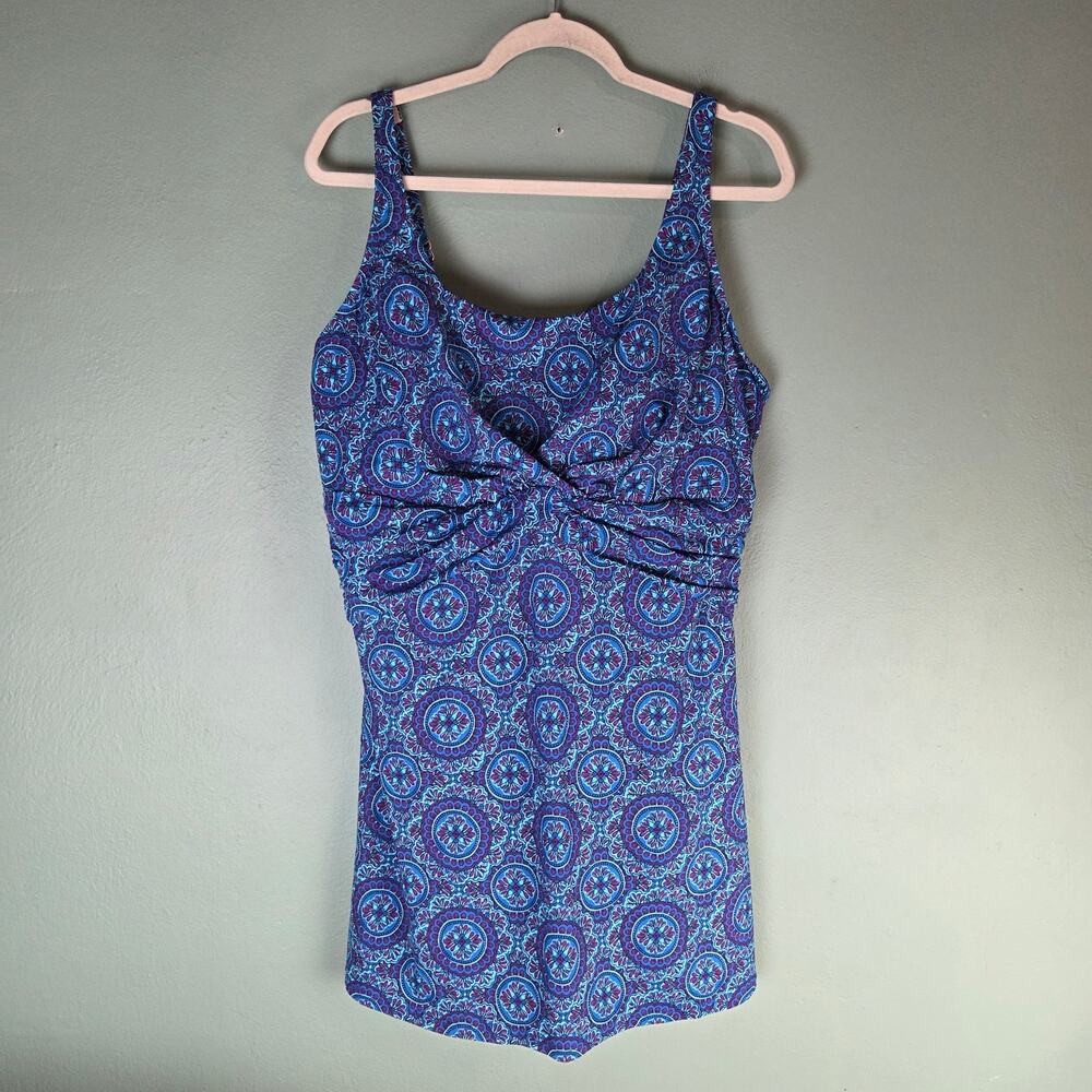 Lands End Womens 22W Twist Front Swim Dress Swimsuit Blue Geometric Beach Pool